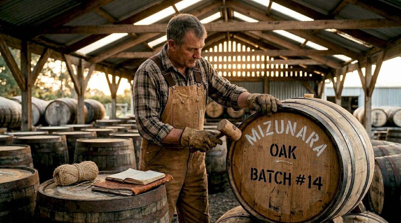 Cooper inspecting mizunara oak whisky cask