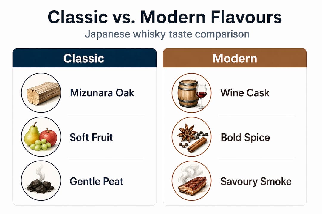 Classic and modern Japanese whisky flavour comparison infographic