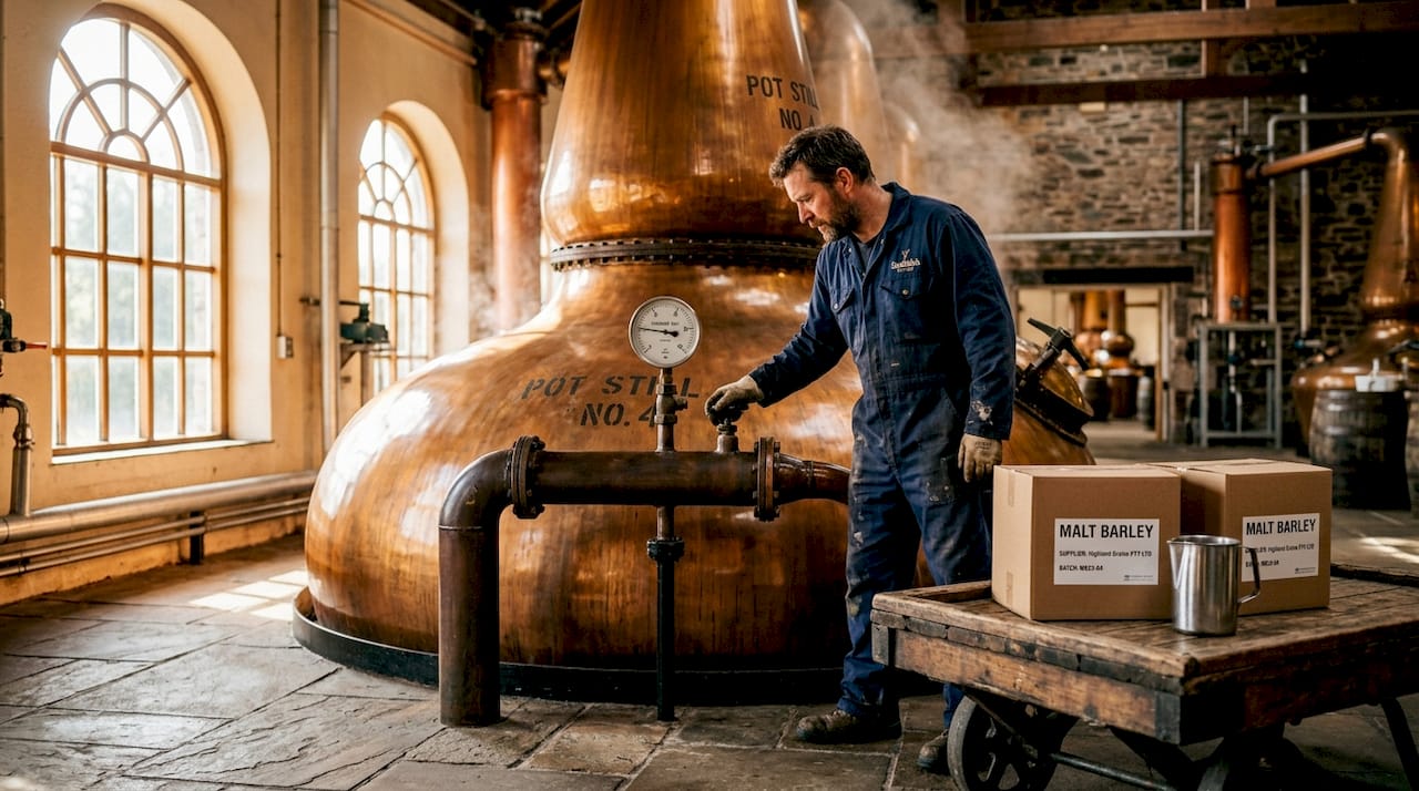 Distillery worker checking copper pot still