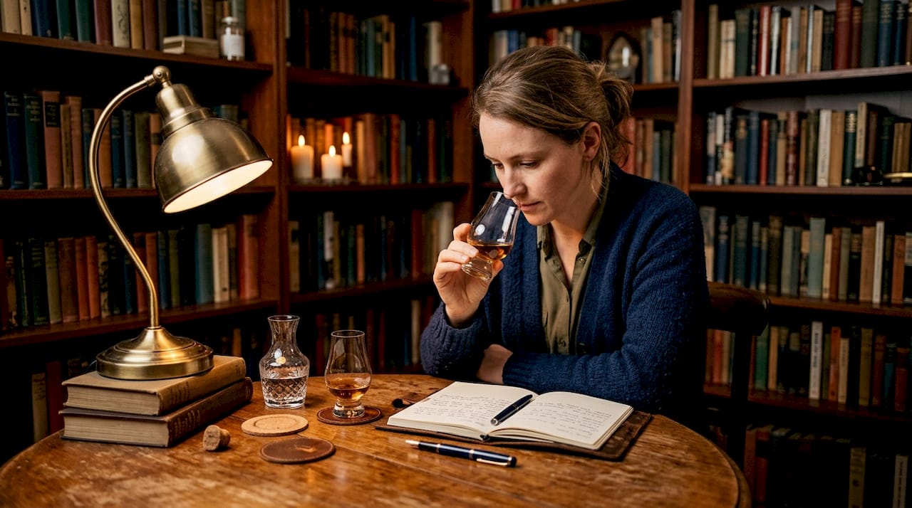 Tasting and comparing malt whiskies at kitchen table