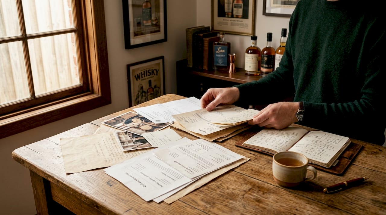 Hands organizing whisky purchase materials on desk