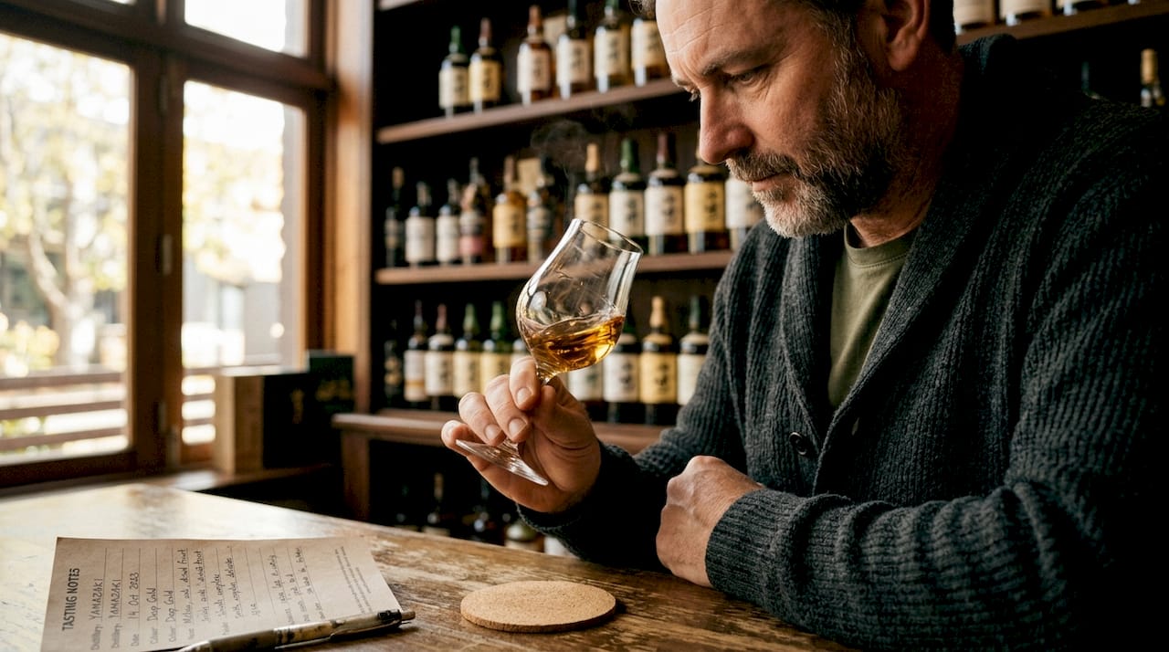 Swirling Japanese whisky to assess flavour
