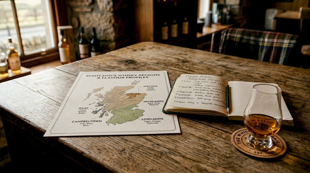 Map and notes illustrating whisky regional flavor profiles