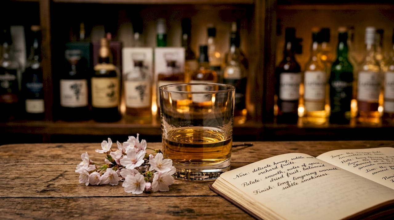 Close up of Japanese whisky glass with cherry blossoms