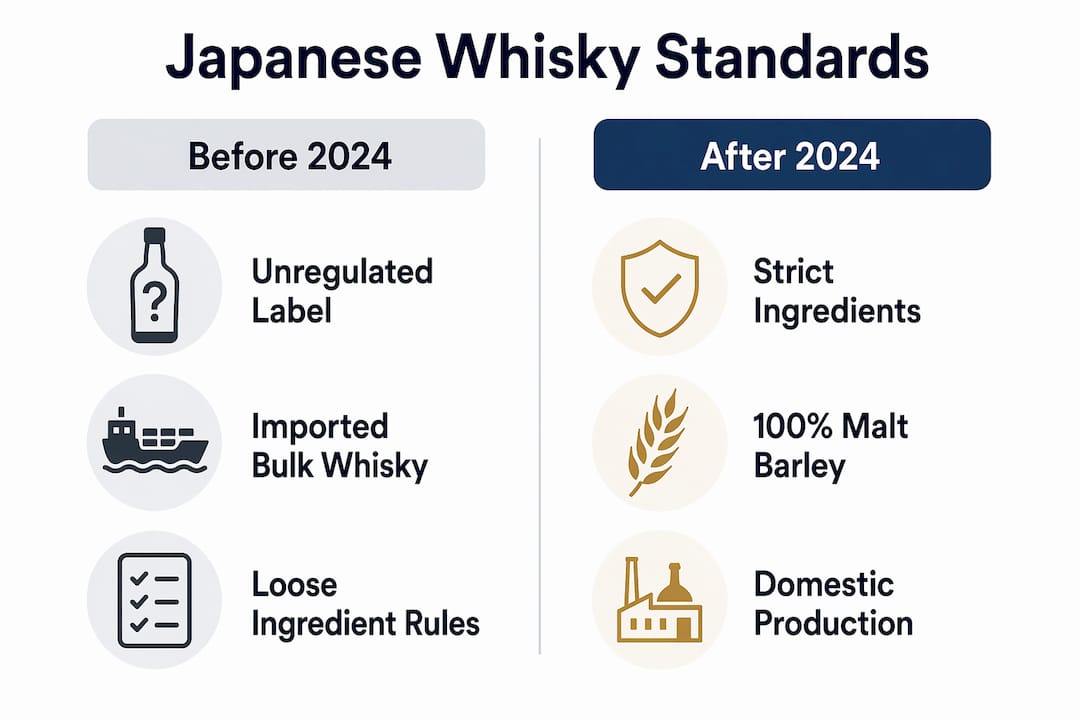 Infographic comparing Japanese whisky standards before and after 2024