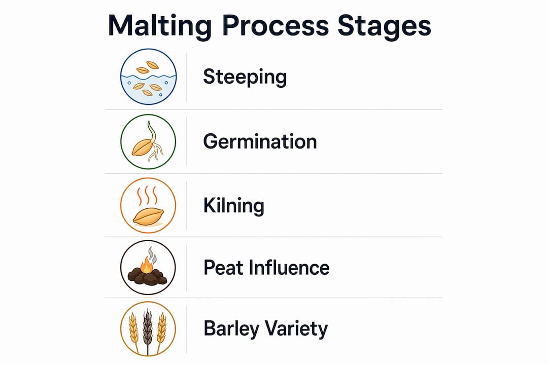 Infographic illustrating malting stages shaping whisky flavour