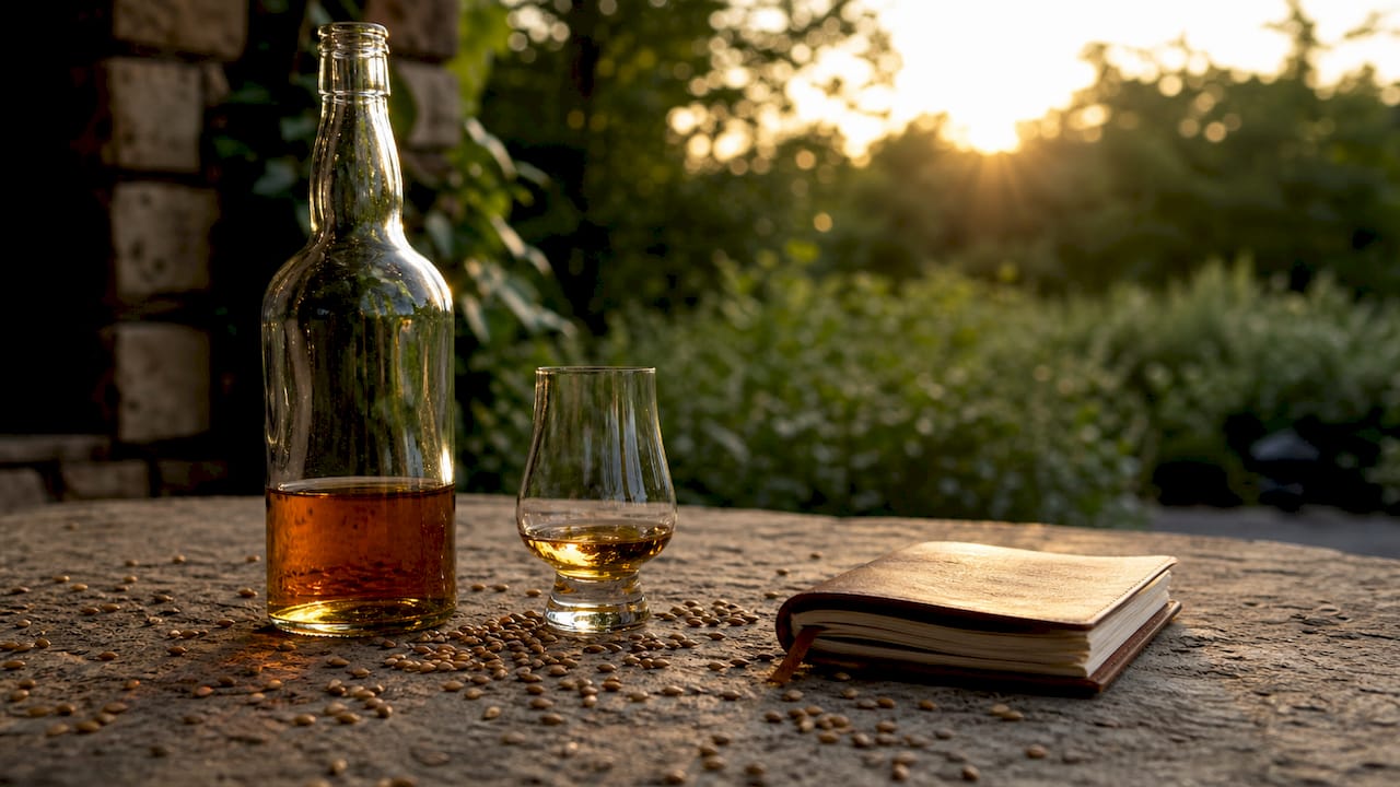 Bottle and glass of 10 year scotch on rustic table