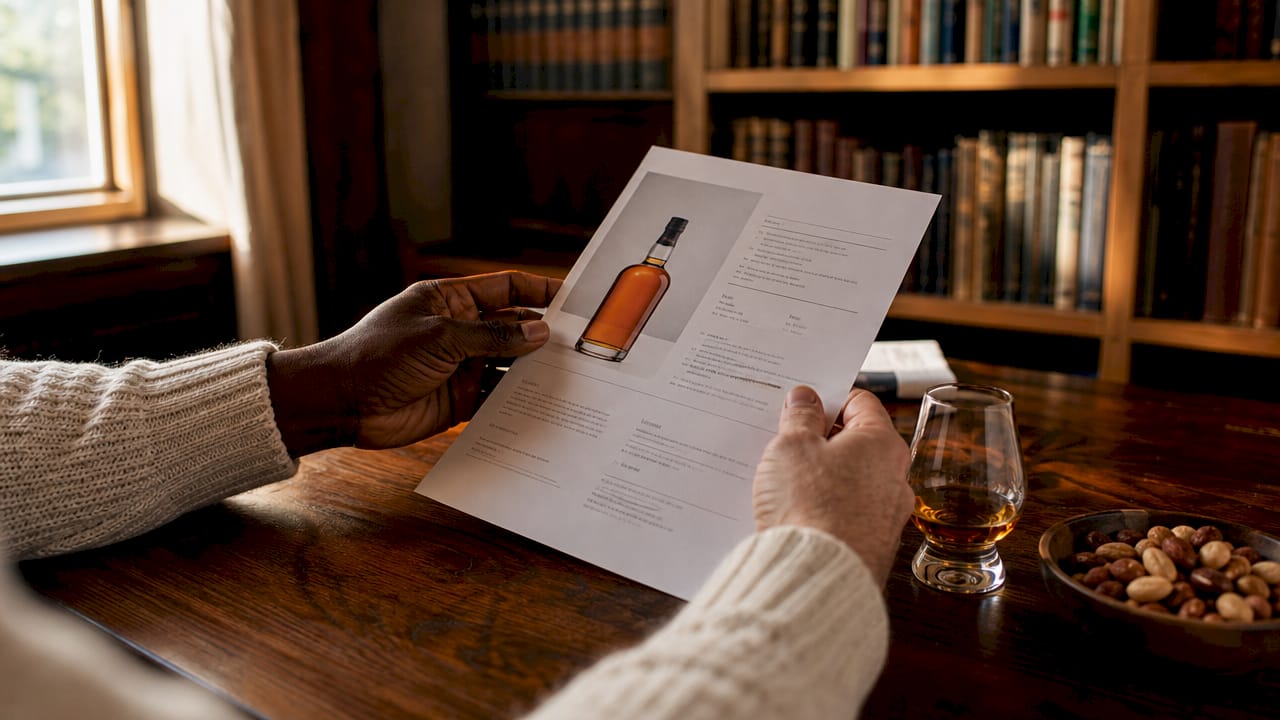 Hands holding whisky product details paper
