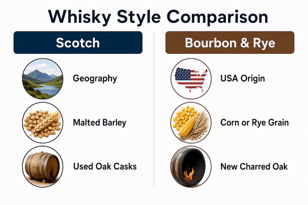 Infographic comparing Scotch with bourbon and rye whisky