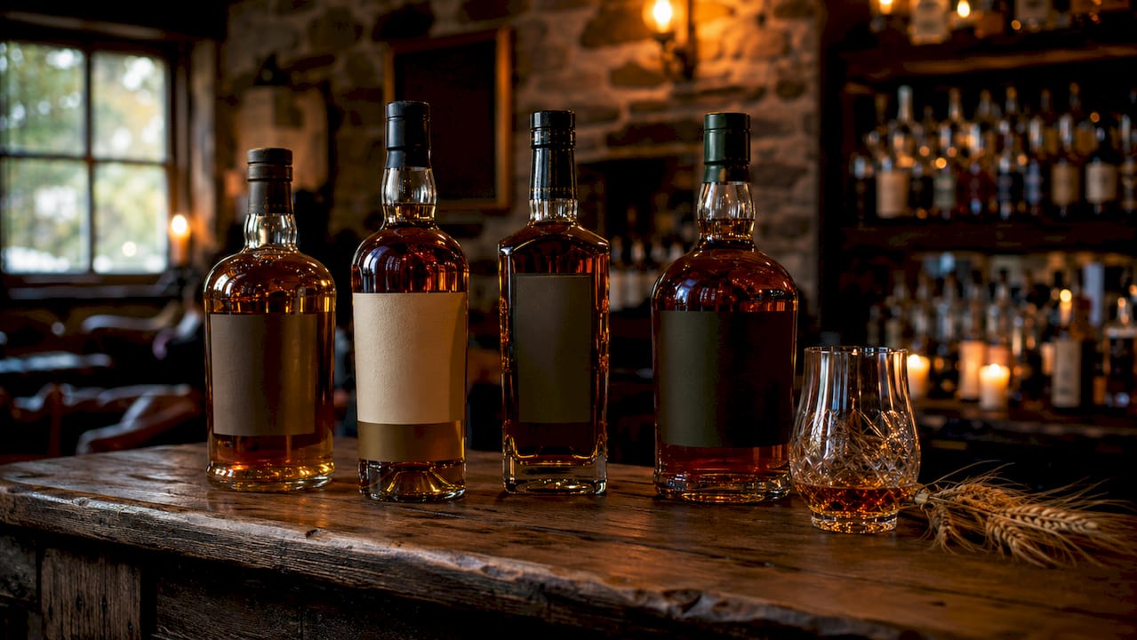 Variety of Irish whiskey bottles on bar