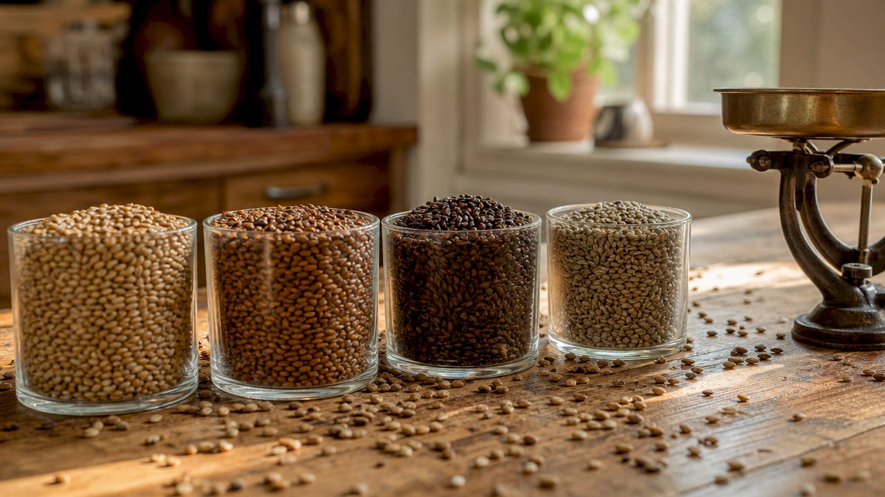 Four malt types in glass containers overhead