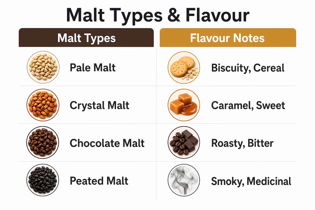 Infographic comparing malt types with flavor notes