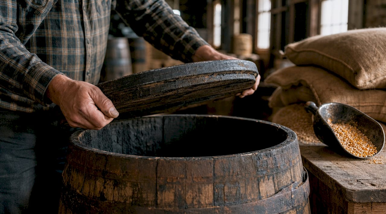 Hands opening bourbon charred oak barrel with corn mash nearby
