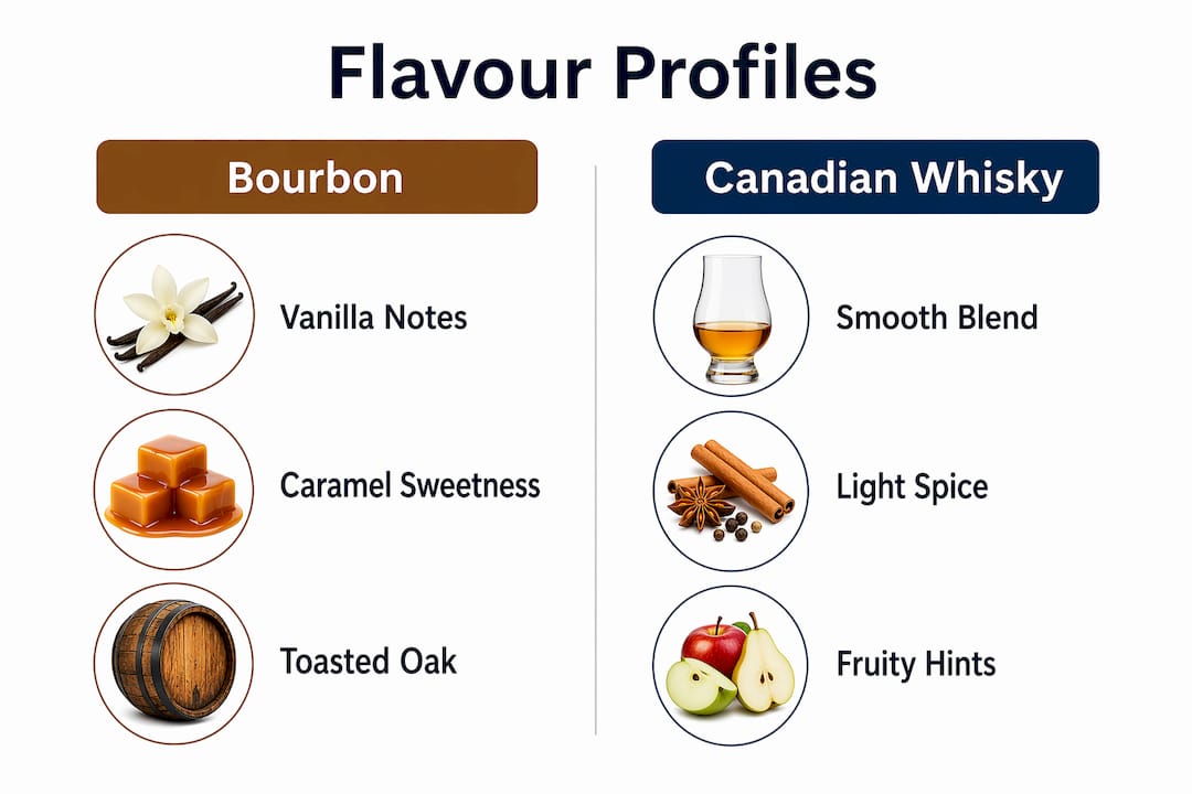 Infographic comparing flavour profiles of bourbon and Canadian whisky