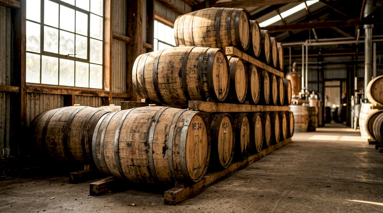Oak whisky barrels in warehouse