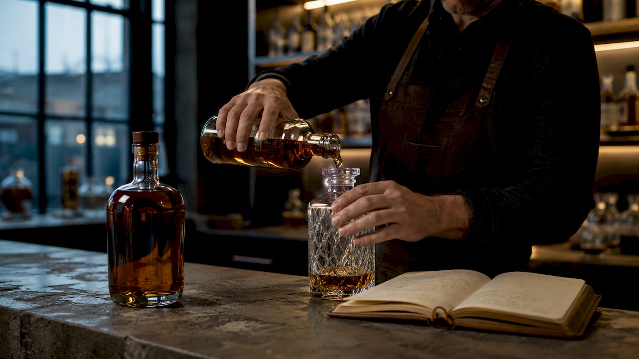 Hands pouring whisky for blending at home bar