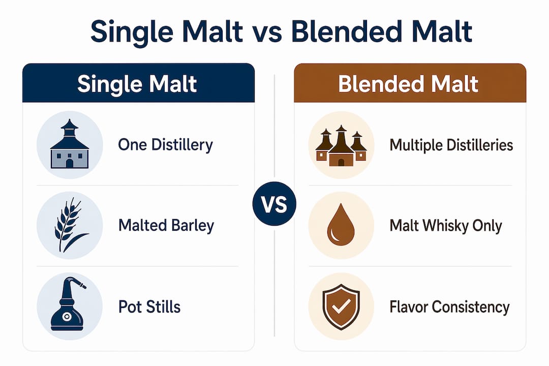 Infographic comparing single malt and blended malt whisky