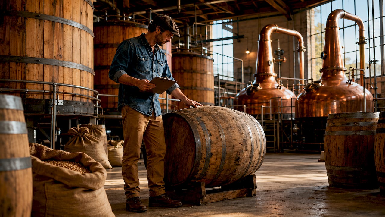 Distillery worker inspecting malt whisky production