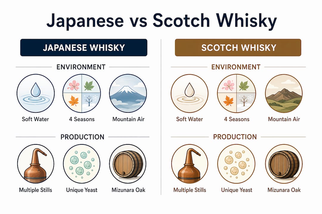 Infographic comparing Japanese and Scotch whisky features