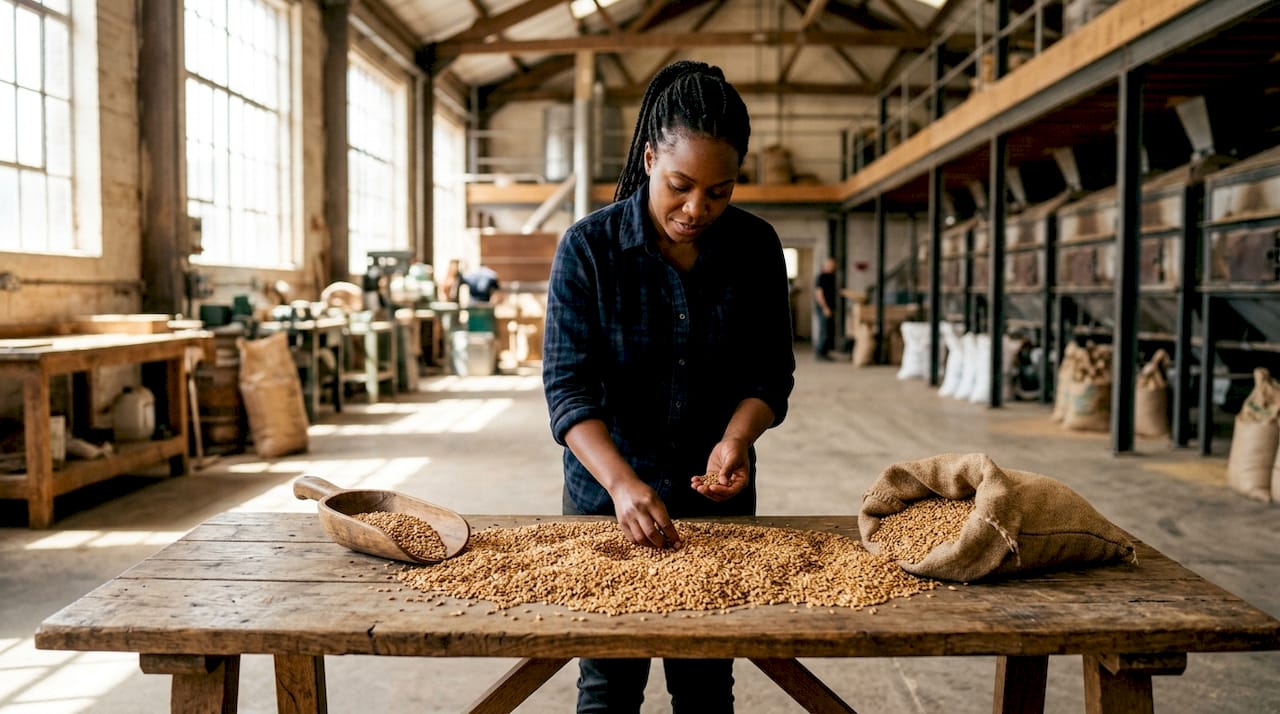 Hands examining barley grains in malt house