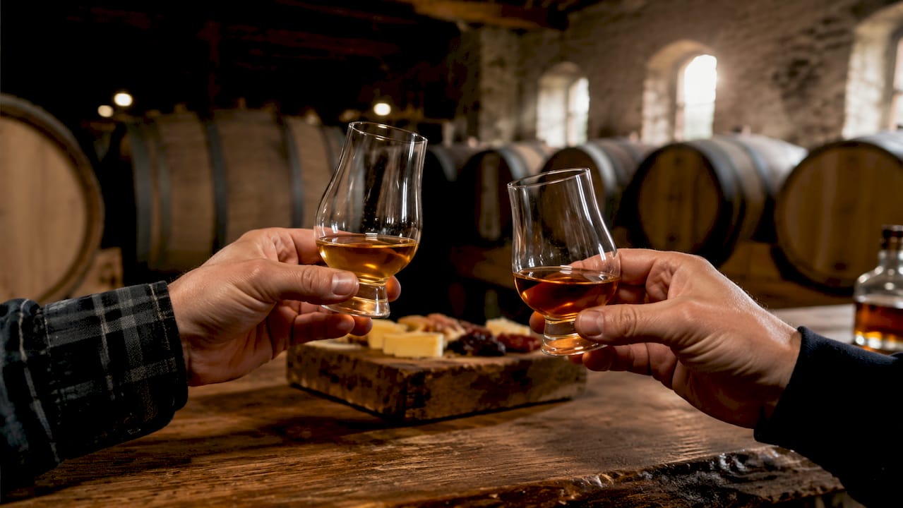 Overhead view of bourbon and rye whiskey tasting glasses