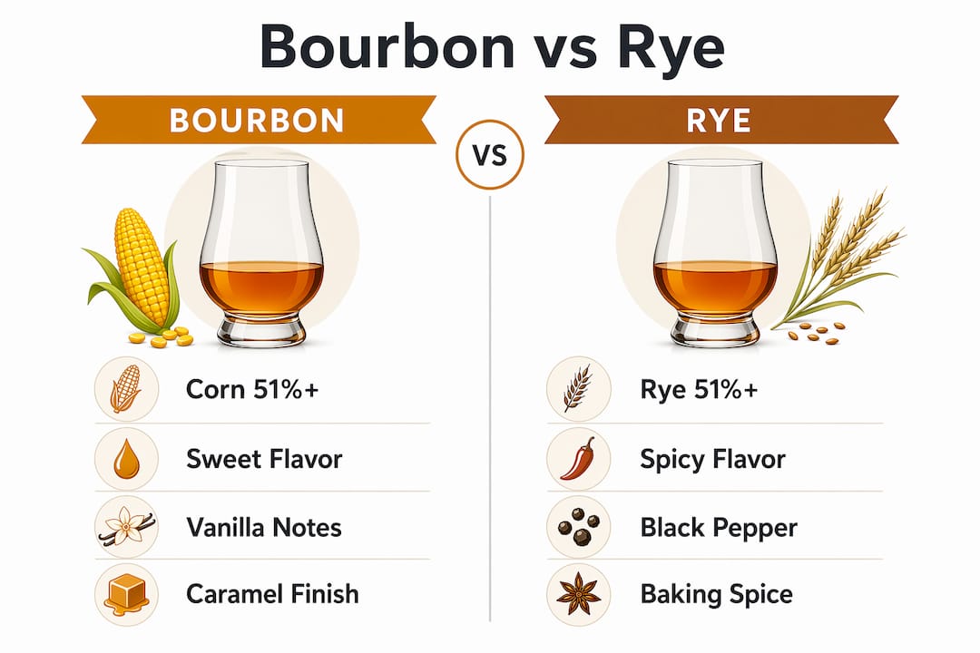 Infographic comparing bourbon and rye whiskey characteristics