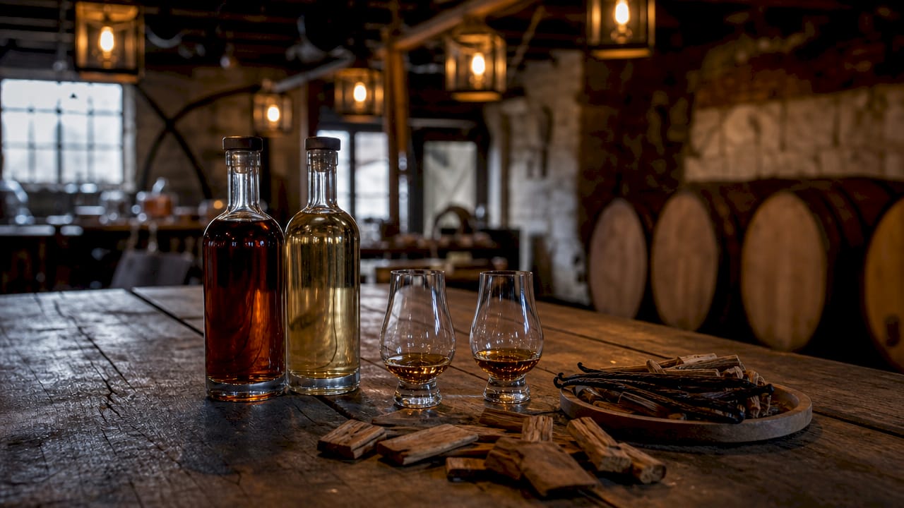 Bourbon and malt whiskey bottles with tasting props