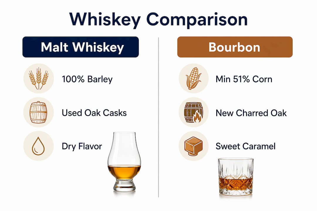 Infographic comparing malt whiskey and bourbon characteristics