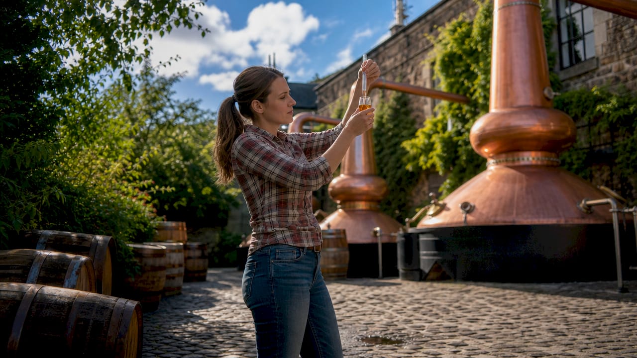 Master distiller inspecting malt whiskey sample in distillery