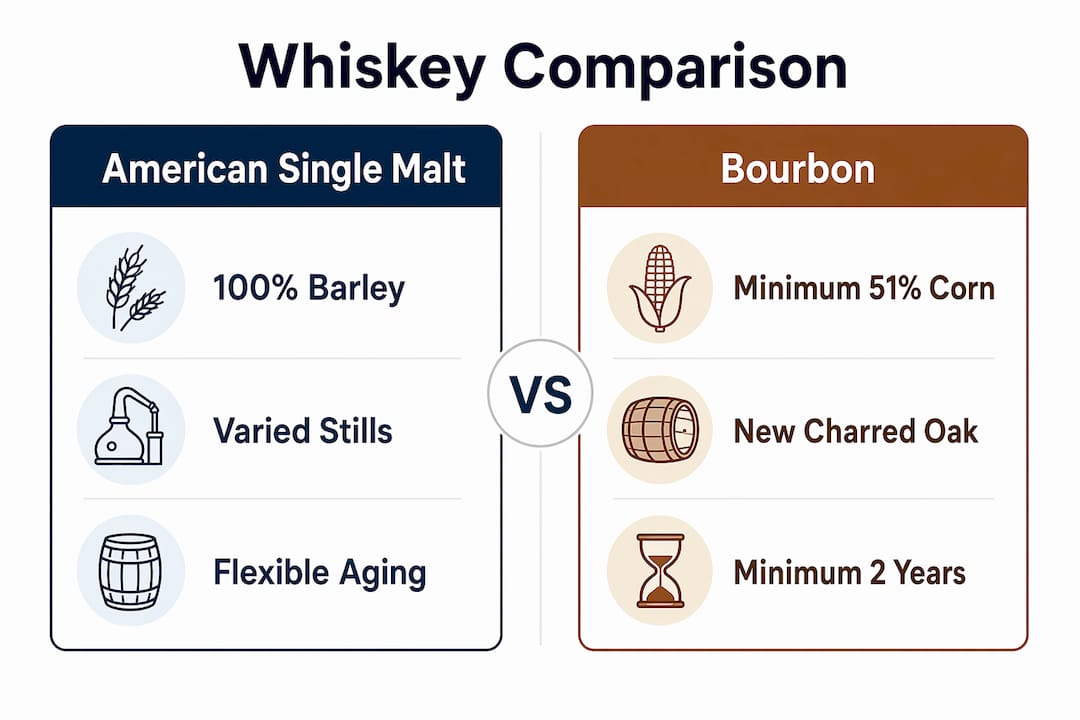 Infographic comparing American single malt and bourbon whiskey