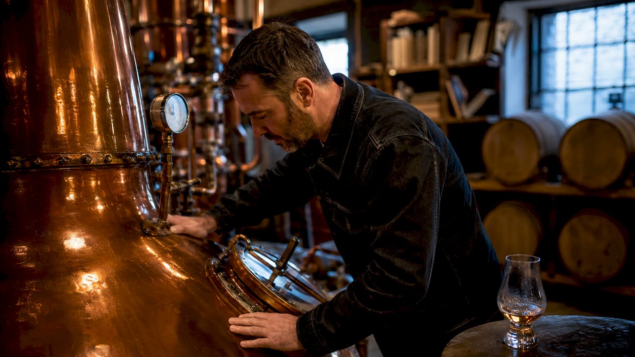 Hands adjusting tall copper whisky still