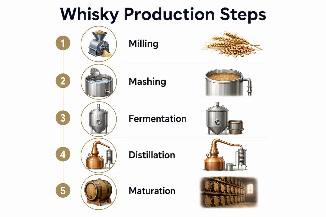 Infographic illustrating whisky production steps