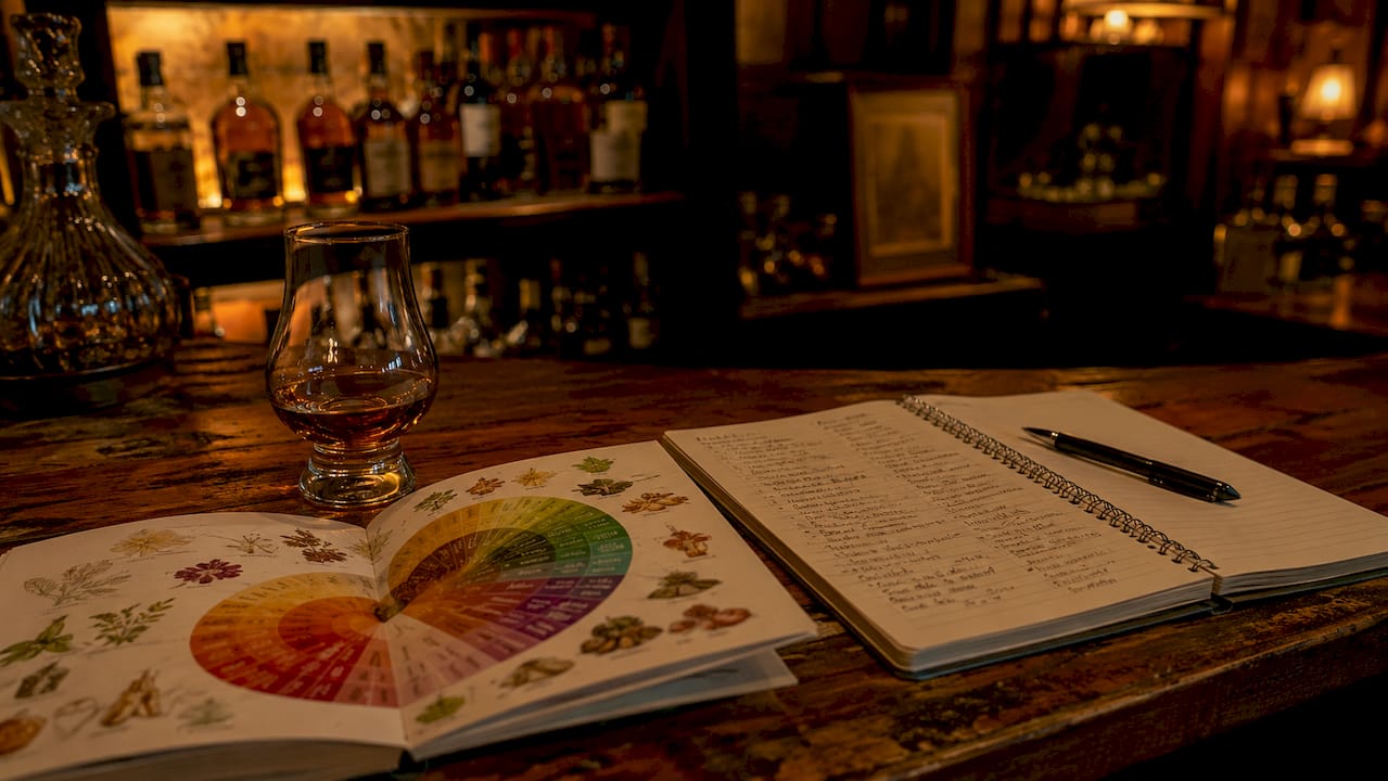 Whisky glass with flavor wheel and tasting notes