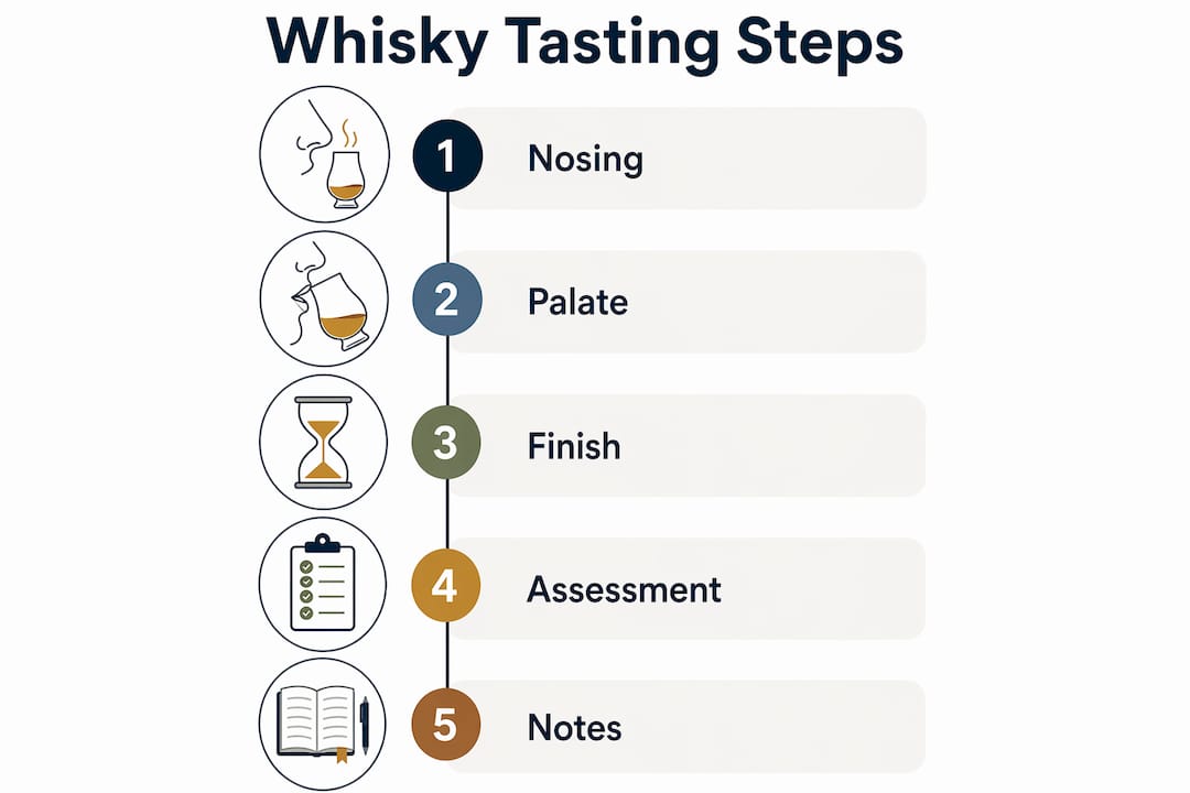 Infographic illustrating whisky tasting steps from nosing to notes
