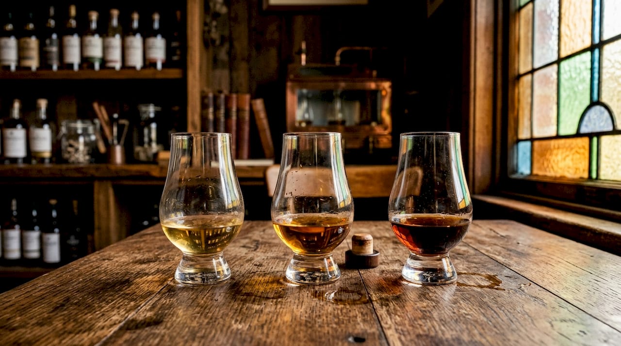 Varied Australian whisky styles in glasses on table