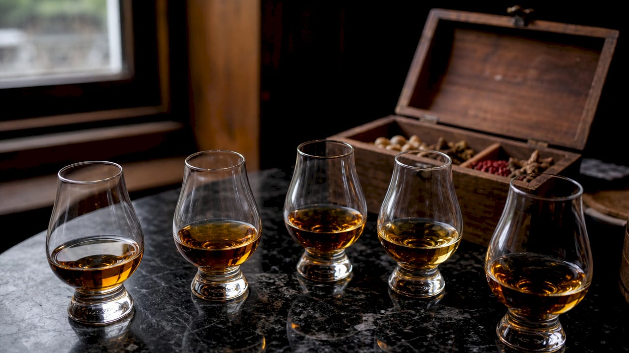 Overhead shot of varied Scotch whiskies and tasting notes