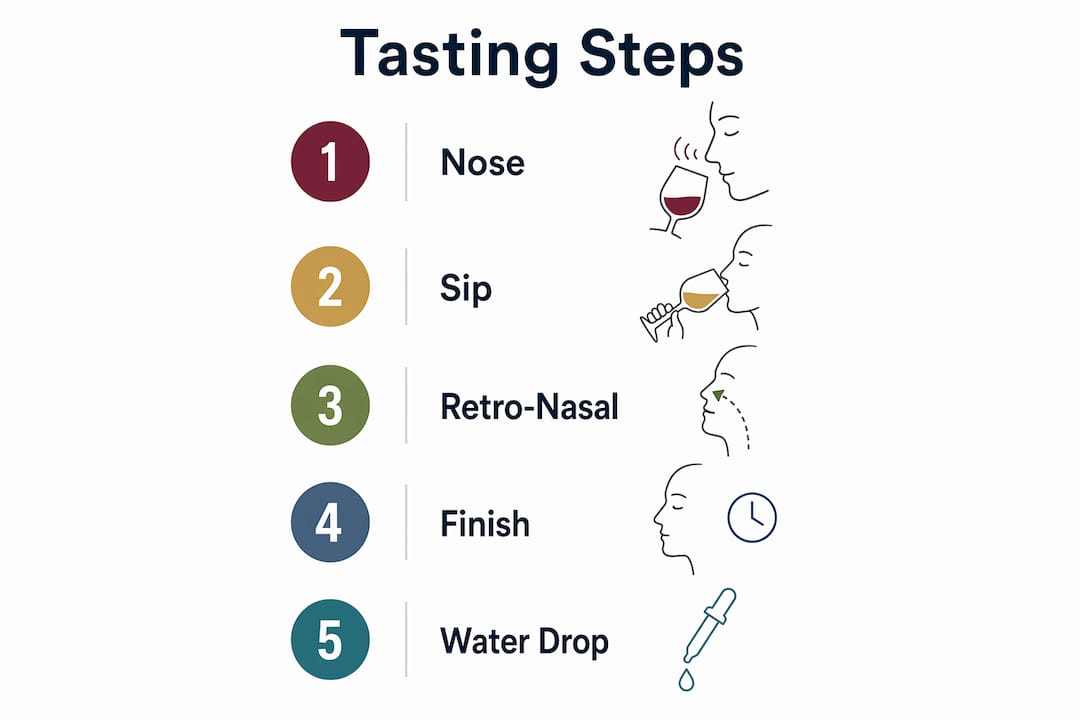 Infographic illustrating five Scotch whisky tasting steps