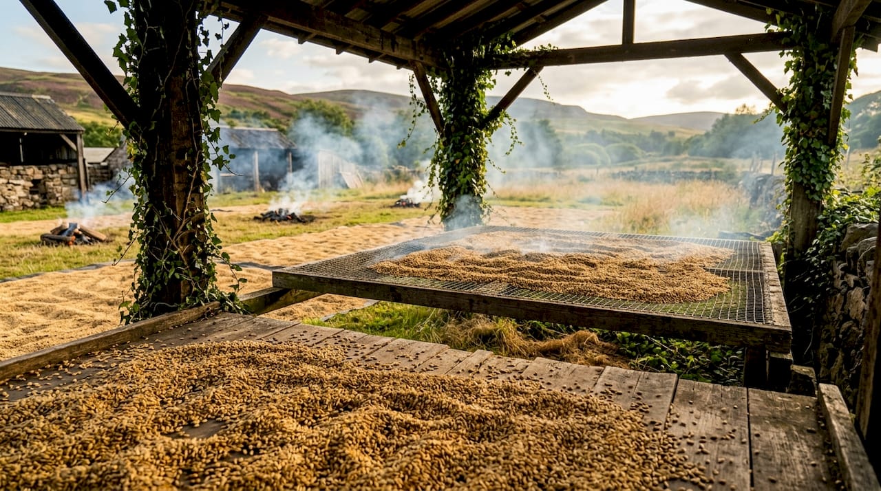 Barley drying over peat fires in distillery