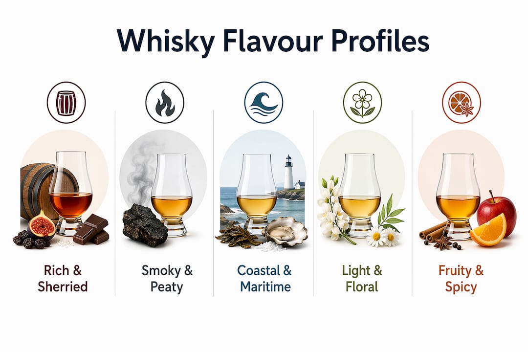 Infographic illustrating five whisky flavour profiles