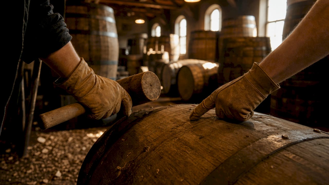 Hands inspecting whisky single cask barrel indoors