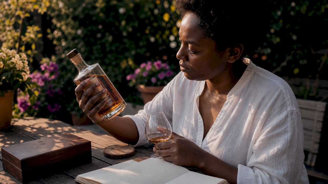 Woman examining Speyside whisky bottle at home
