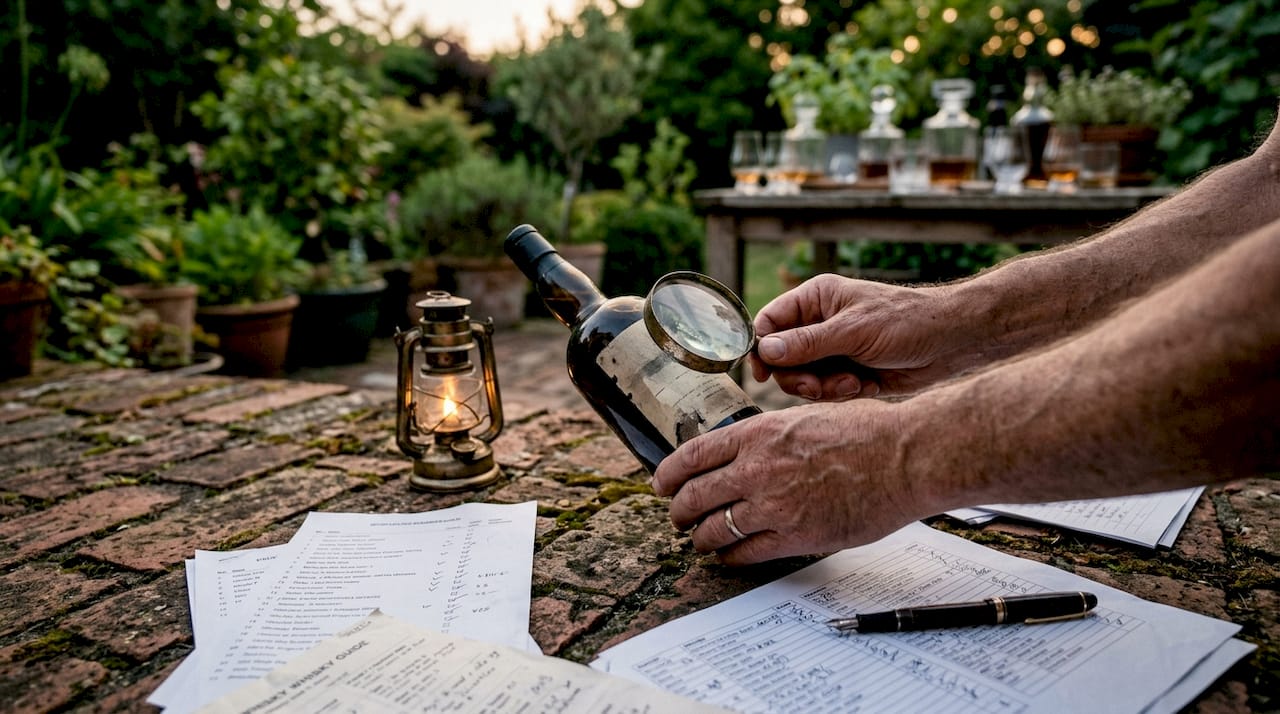 Hands inspecting whisky bottle authenticity with magnifier