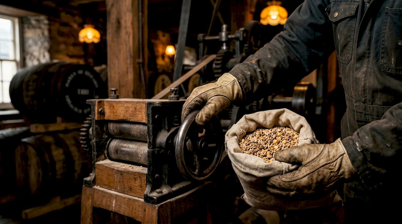 Technician hands adjusting grain milling machinery