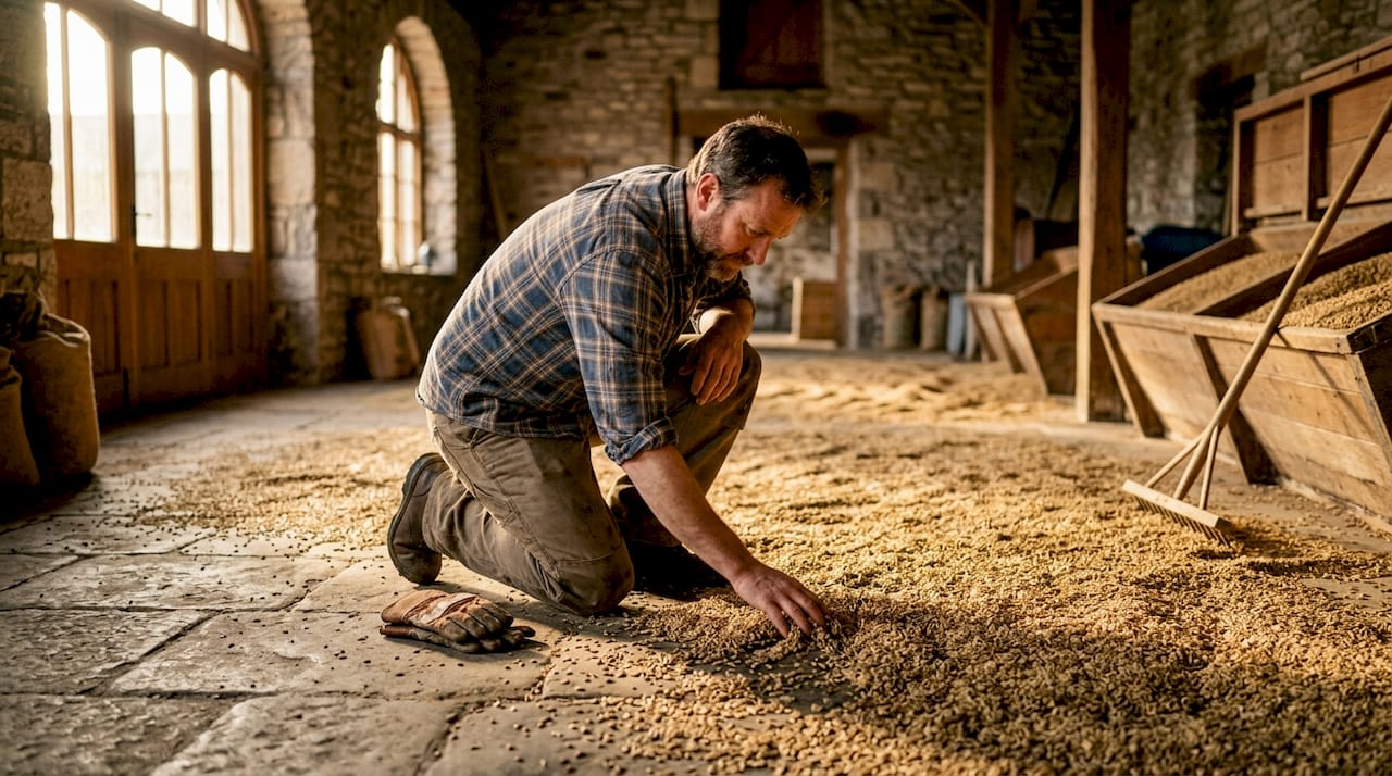 Hands turning malted barley in malting room