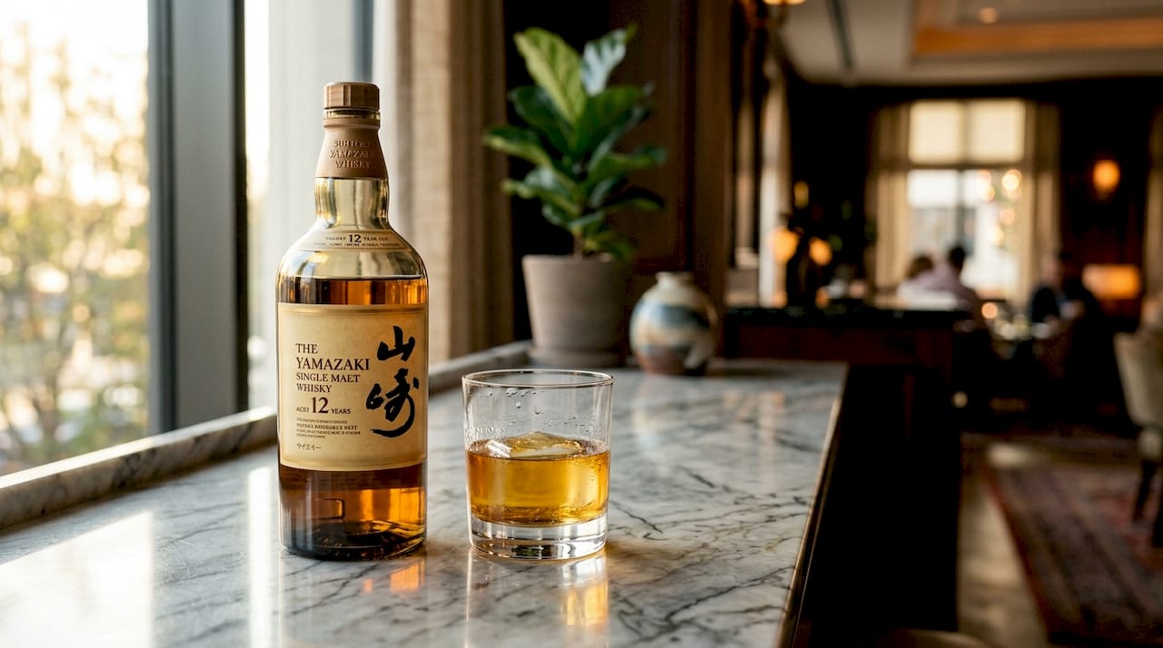 Close-up of Yamazaki 12 whisky bottle and glass
