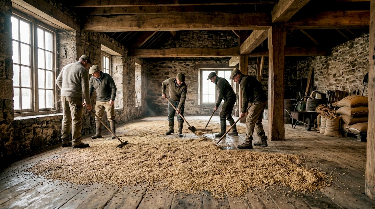 Overhead view of barley malting floor at distillery