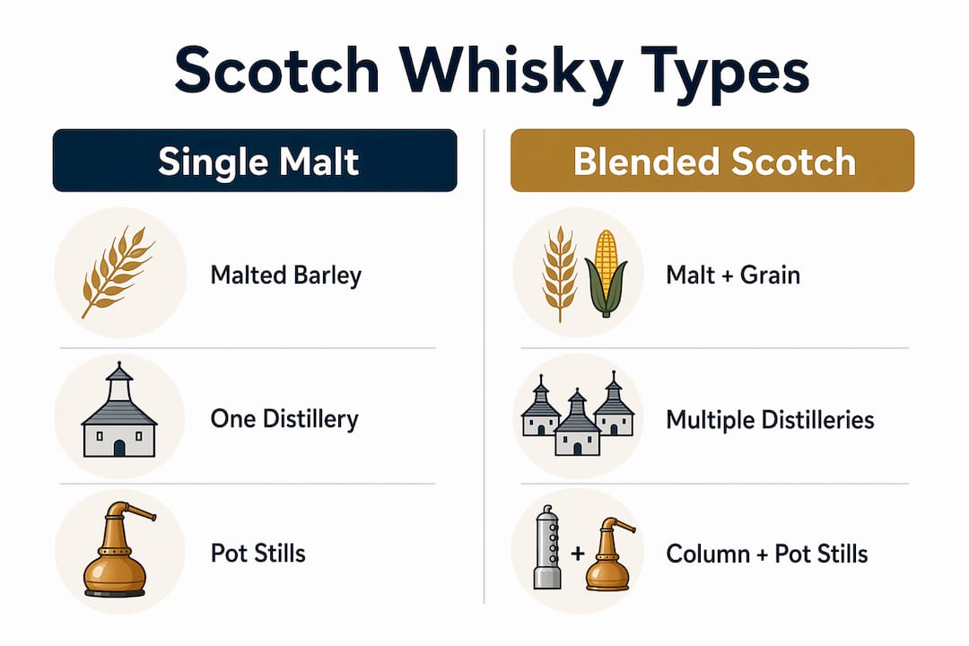 Infographic comparing single malt and blended Scotch whisky