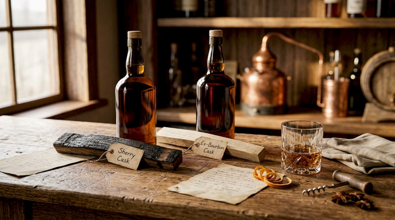 Overhead shot of whisky bottles with cask samples
