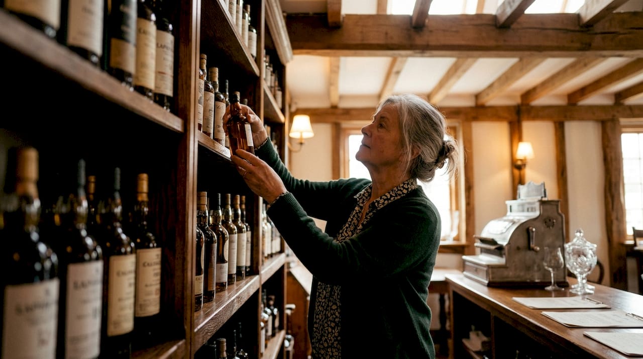 Shopkeeper arranging rare whisky bottles in store