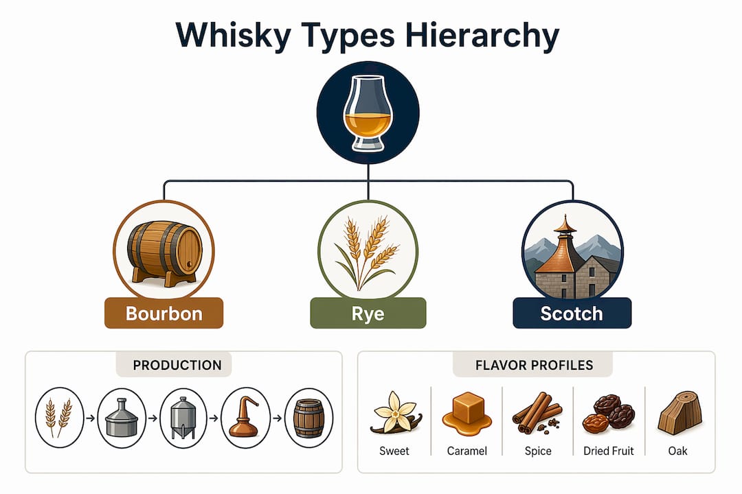Infographic showing whisky type hierarchy and traits